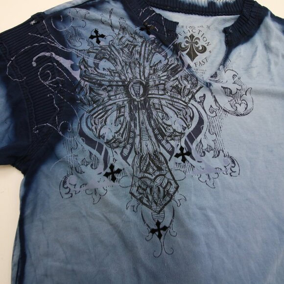 Affliction T-Shirt XL Blue Dye V Neck Ribbed Felt Detail Cross Cyber Goth Grunge - Picture 7 of 16